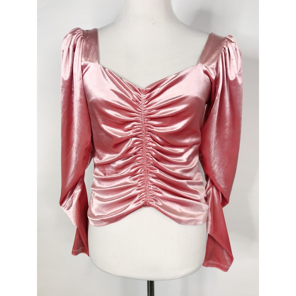 Express Top Women Small Pink Crushed Velvet Ruched Puff Sleeves Fairy Whimsigoth